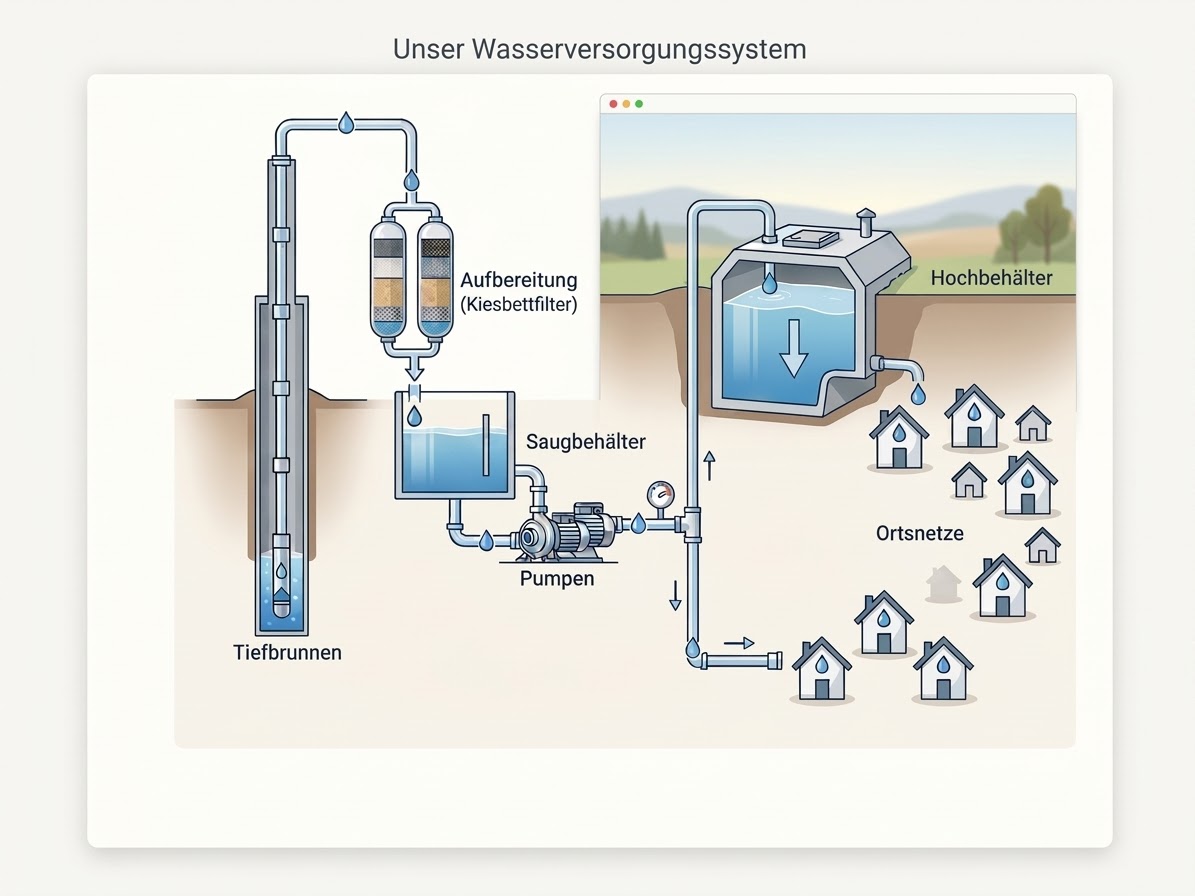 Schema des Wasserversorgungssystems: Tiefbrunnen, Aufbereitung (Kiesbettfilter), Saugbehälter, Pumpen, Hochbehälter und Ortsnetze